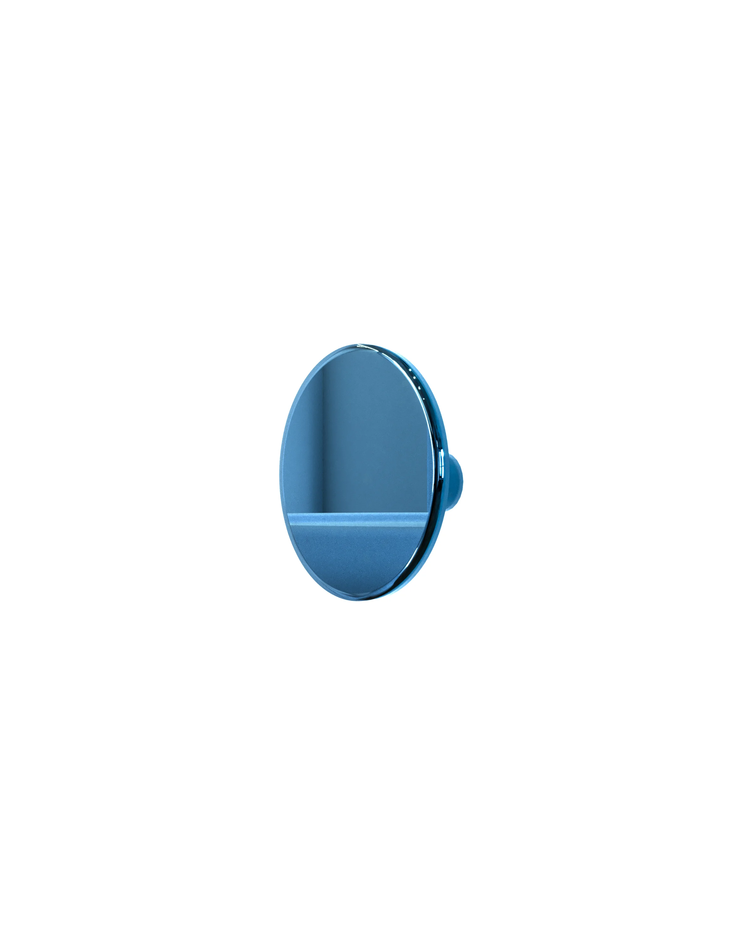 A blue, round handle with a shiny surface, seen on the side, on a white background. 